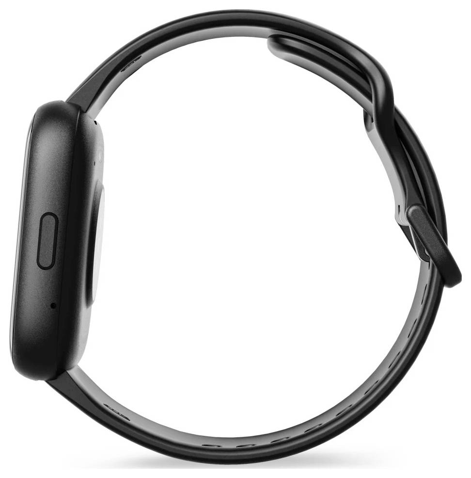 Eine schlanke schwarze Smartwatch mit einer seitlichen Taste, von der Seite präsentiert, mit Hervorhebung ihrer schmalen Silhouette und modernen Gestaltung.