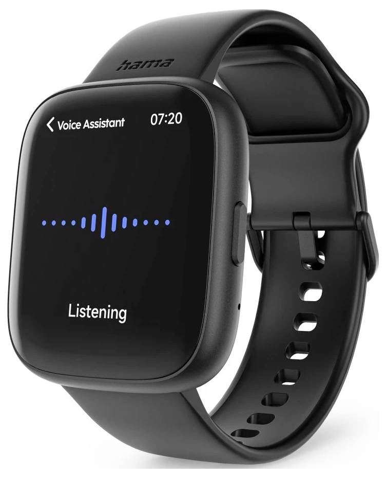 Eine Smartwatch mit einem dunklen Armband zeigt den Bildschirm des 