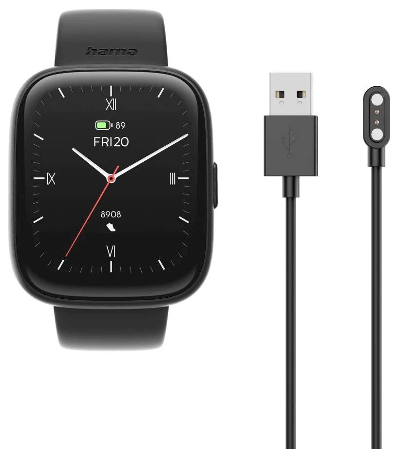 Smartwatch mit schwarzem Armband, das die Zeit 'Freitag 20.' anzeigt. Enthält ein Herzfrequenz-Symbol und Schrittzähler '8908'. USB-Ladekabel daneben abgebildet.