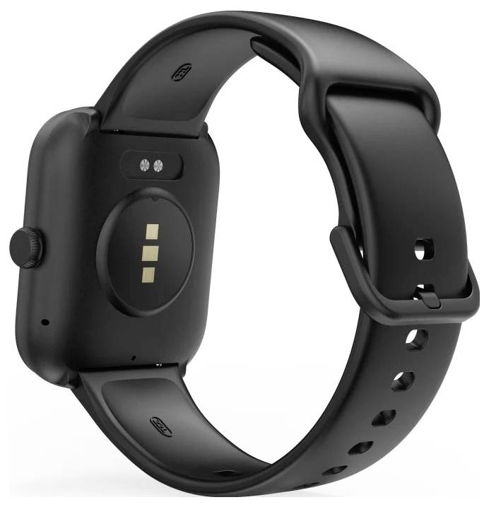 Eine schwarze Smartwatch mit rechteckigem Gehäuse und Klappband wird von hinten gezeigt, wobei die Ladekontakte und Sensoren hervorgehoben werden.