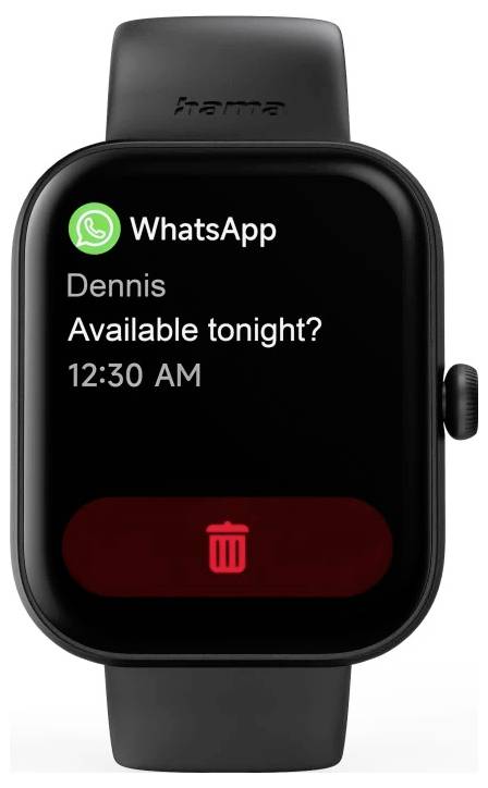 Smartwatch-Bildschirm zeigt eine WhatsApp-Nachricht von Dennis mit der Frage „Heute Abend verfügbar?