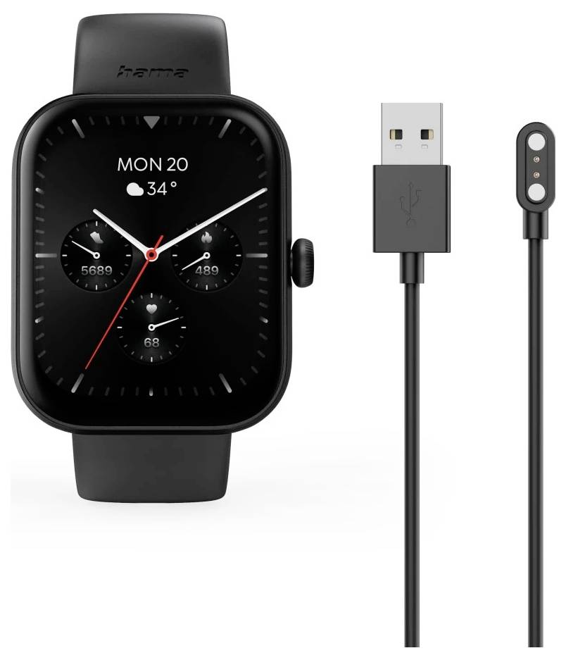 Smartwatch mit digitalem Display, das Uhrzeit, Datum, Wetter und Gesundheitsmetriken anzeigt, zusammen mit einem USB-Ladekabel.