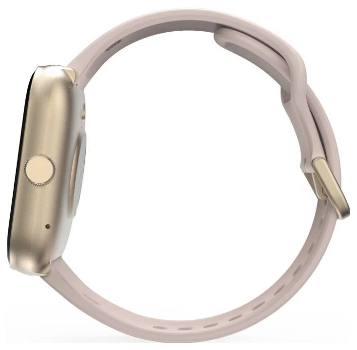 Eine Smartwatch mit einem goldenen Gehäuse und einem rosafarbenen Armband, von der Seite betrachtet, wobei der Knopf und die Armbandbefestigungen zu sehen sind.