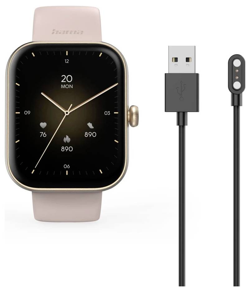 Eine Smartwatch mit einem rosa Band, die Uhrzeit, Herzfrequenz und Schrittzahl anzeigt, wird zusammen mit ihrem magnetischen USB-Ladekabel präsentiert.