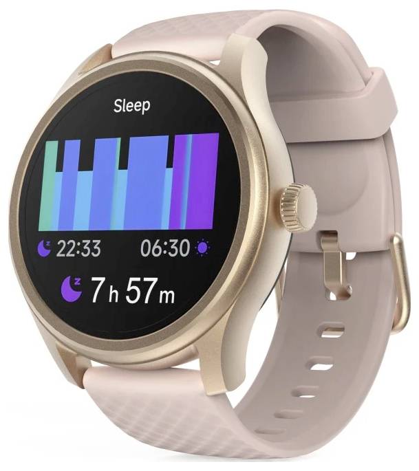 Eine Smartwatch mit einem rosa Band zeigt einen Schlaf-Tracking-Bildschirm, der eine Schlafdauer von '7h 57m' mit Balkendiagrammen und den Zeiten '22:33' bis '06:30' anzeigt.