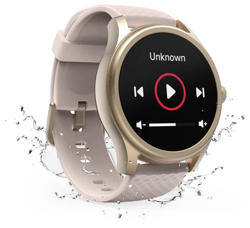 Eine Smartwatch mit einem rosa Armband, die eine Musikplayer-Oberfläche auf dem Bildschirm anzeigt, mit Wassertropfen, die die Wasserdichtigkeit symbolisieren.