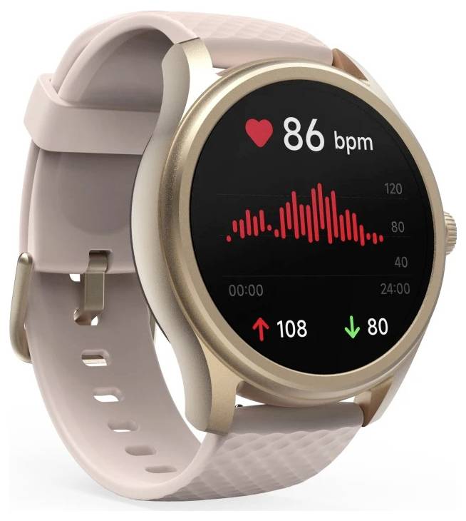 Eine Smartwatch mit einem beigen Band, die eine Herzfrequenz von 86 Schlägen pro Minute anzeigt, ein rotes Herzicon und einen Graphen mit einem Höhepunkt bei 108 und einem Tiefstwert bei 80.