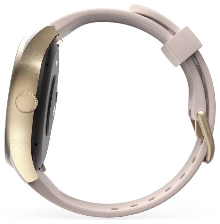 Eine Smartwatch mit goldenem Gehäuse und rosafarbenem Armband, von der Seite betrachtet, die ihr schlankes und minimalistisches Design zeigt.