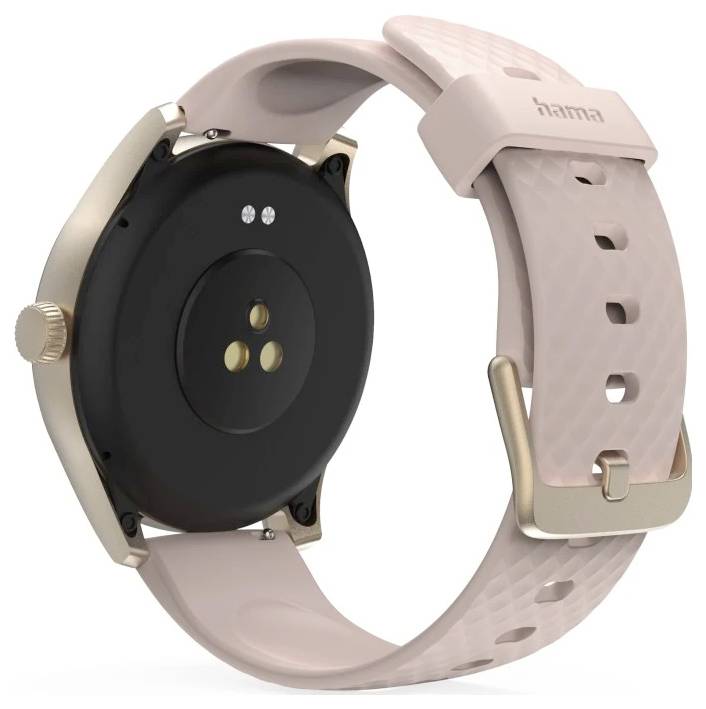 Smartwatch mit rosa Armband und goldener Schnalle, Rückansicht mit Sensoren und eingraviertem Markennamen auf dem Armband.