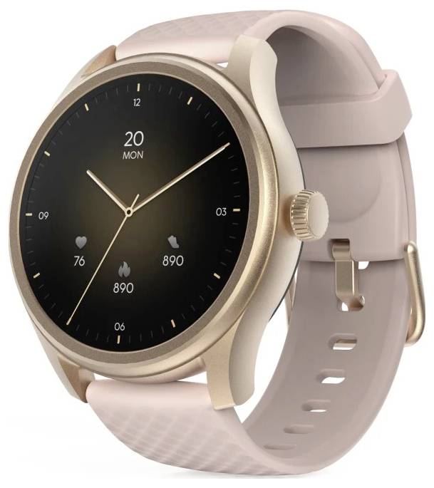 Eine elegante, goldene Smartwatch mit rundem Display, die Datum, Uhrzeit und Gesundheitsstatistiken wie Herzfrequenz und Schrittzahl anzeigt; ausgestattet mit einem pinken Band.