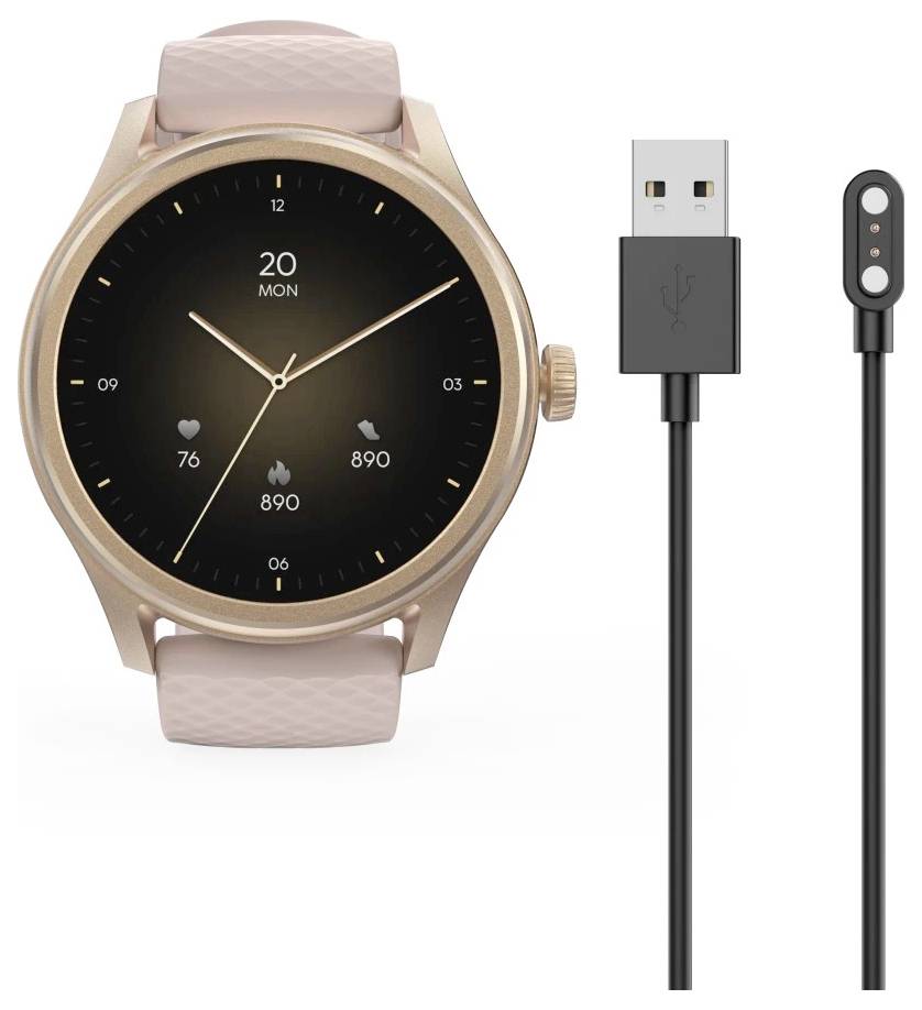 Eine runde, goldene Smartwatch mit einem rosa Armband zeigt Uhrzeit, Datum, Herzfrequenz und Schrittzahl an. Dargestellt mit einem USB-Ladekabel daneben.