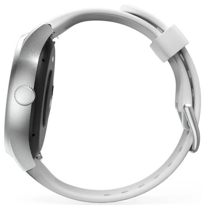Smartwatch mit silberfarbener Gehäuse und einem weißen Silikonarmband, von der Seite gezeigt. Es verfügt über einen kreisförmigen Knopf an der Seite.