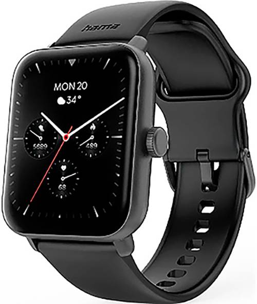 Eine schwarze Smartwatch, die die Uhrzeit, das Datum 'Mo 20', die Temperatur '34°' sowie verschiedene Gesundheitsmetriken wie Schrittzahl und Herzfrequenz anzeigt.