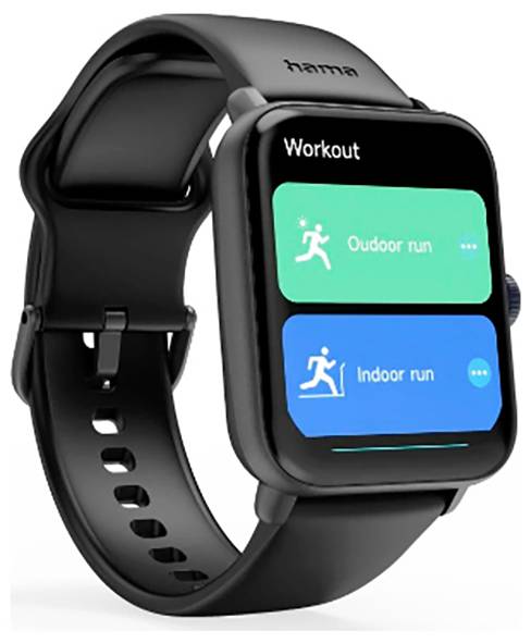 Schwarze Smartwatch, die einen Bildschirm mit Optionen für ‚Outdoor-Lauf' und ‚Indoor-Lauf' in blauen und grünen Kästchen anzeigt.