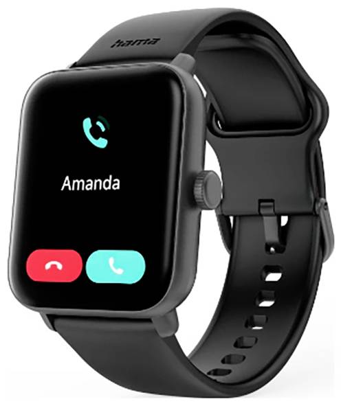 Eine schwarze Smartwatch, die einen eingehenden Anruf von 'Amanda' mit roten und grünen Anruftasten auf dem Bildschirm anzeigt.