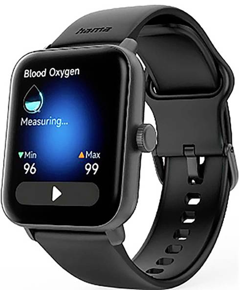 Eine Smartwatch mit einem Bildschirm zur ‚Sauerstoffmessung' mit einem Mindestwert von 96 und einem Höchstwert von 99. Die Uhr ist schwarz.