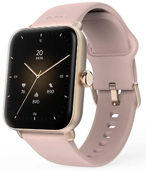 Eine Smartwatch mit einem rosa Armband zeigt Gesundheitsmetriken an: Herzfrequenz, Schrittzahl und verbrannte Kalorien. Das Datum '20' und der Monat 'ACN' werden angezeigt.