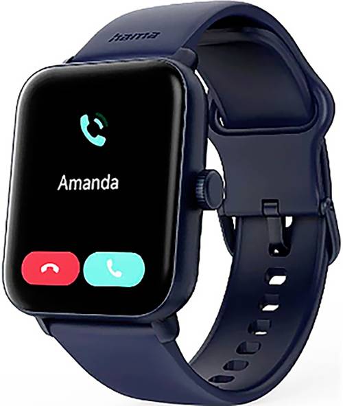 Eine Smartwatch, die einen eingehenden Anruf von 'Amanda' anzeigt, mit roten und grünen Tasten zum Ablehnen und Annehmen. Das Armband der Uhr ist dunkelblau.