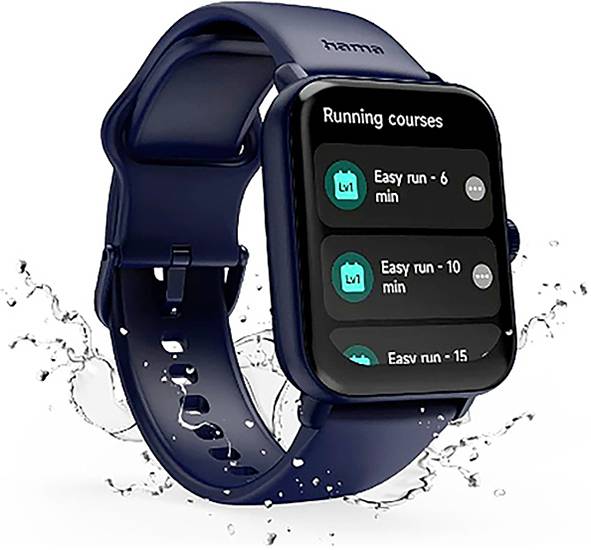 Eine dunkelblaue Smartwatch zeigt eine Fitness-App mit Laufstrecken: ‚Leichter Lauf - 6 min', ‚Leichter Lauf - 10 min', ‚Leichter Lauf - 15 min'.