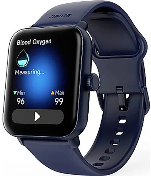 Eine Smartwatch, die einen Bildschirm zur Messung der Blutsauerstoffsättigung anzeigt. Die minimale Messung beträgt 96 und die maximale 99. Die Wiedergabe-Taste ist sichtbar.