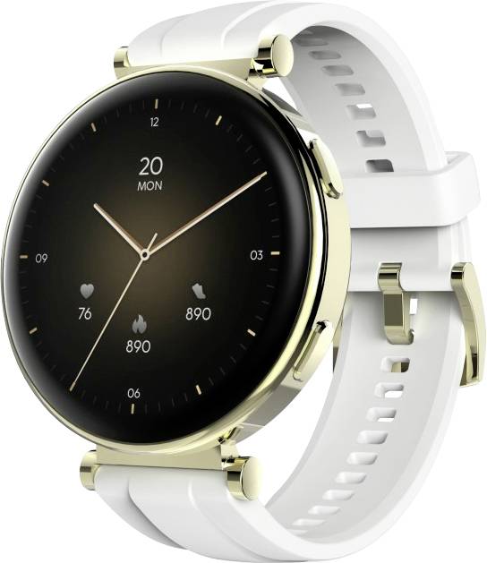 Eine elegante Gold- und Weiß-Smartwatch zeigt Zeit, Datum, Herzfrequenz und Schrittzahl auf einem schwarzen runden Zifferblatt mit einem weißen Armband.