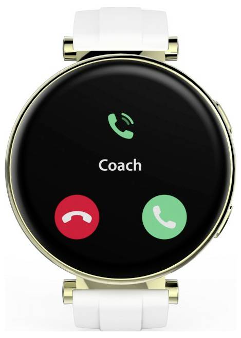 Smartwatch-Bildschirm, der einen eingehenden Anruf von 'Coach' mit Optionen zum Annehmen oder Ablehnen des Anrufs zeigt.