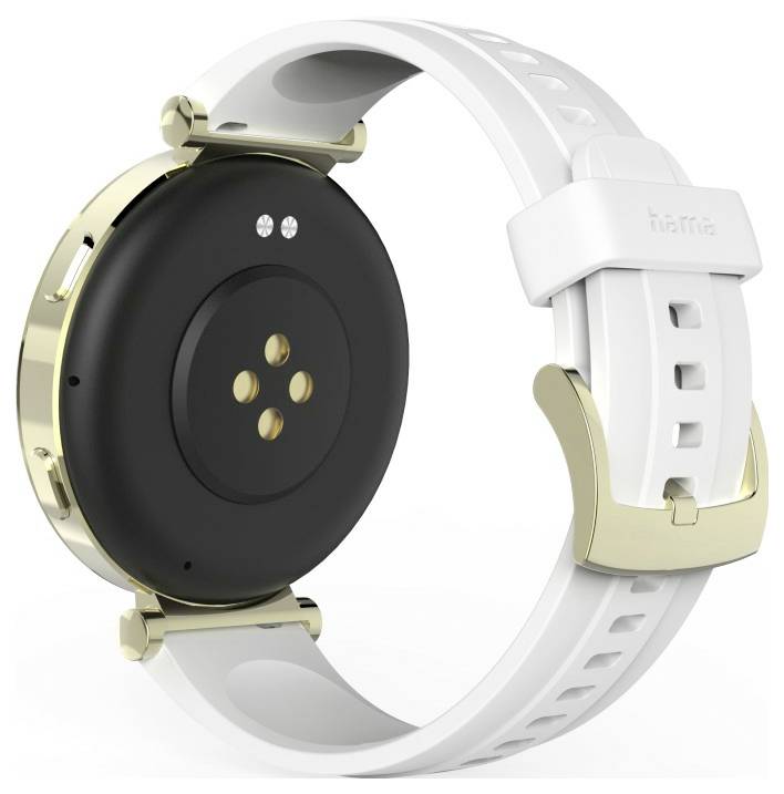Eine intelligente Armbanduhr mit einem weißen und goldenen verstellbaren Armband und einem schwarzen kreisförmigen Sensor auf der Unterseite.