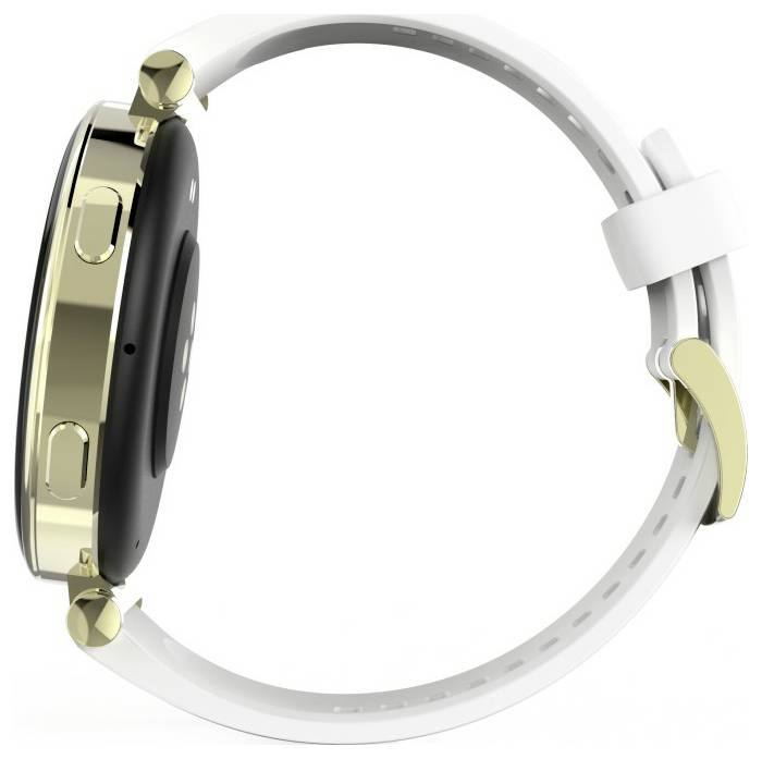 Ein Smartwatch mit goldfarbenem Gehäuse und weißem Armband, von der Seite betrachtet, mit Tasten und elegantem Design.