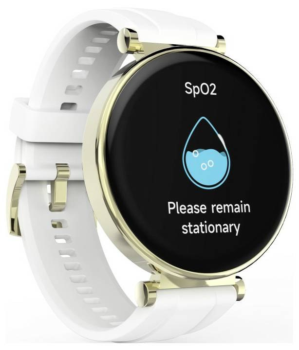 Eine Smartwatch mit einem weißen Armband zeigt eine Nachricht an: 
