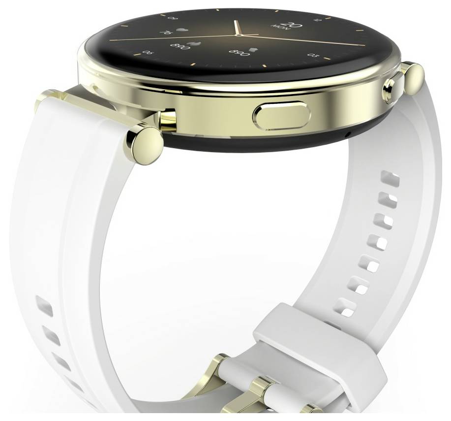 Eine schlanke Smartwatch mit Goldrand und weißem Armband, die einen runden Touchscreen mit Zeitanzeige und Fitness-Symbolen zeigt, aus einem Seitenwinkel aufgenommen.