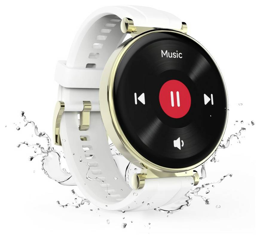 Smartwatch mit goldenem Rahmen und weißem Armband, das eine Musik-App-Oberfläche mit Wiedergabe-/Pause-Taste zeigt, umgeben von Wasserspitzen.