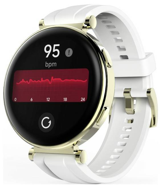 Eine Smartwatch mit einer Herzfrequenzanzeige, die '95 bpm' anzeigt, und einer roten Liniengrafik. Sie hat ein weißes Armband und ein goldfarbenes Gehäuse.