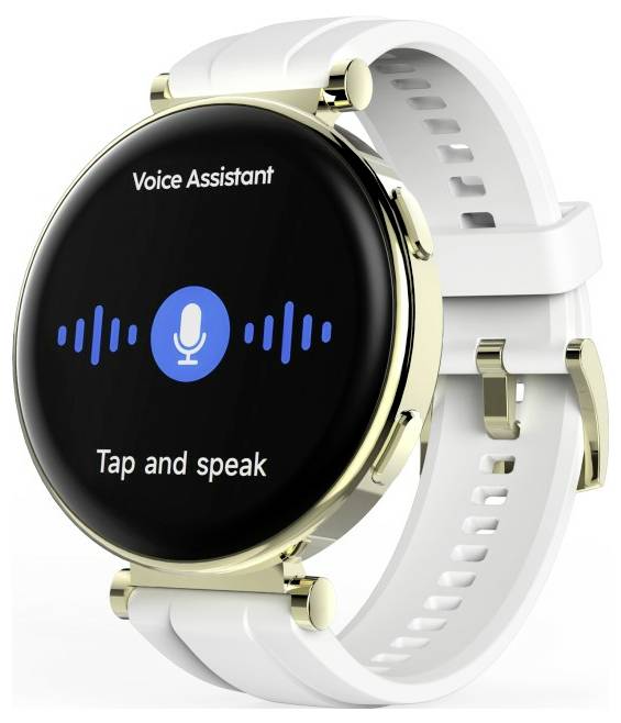 Eine runde Smartwatch mit einem weißen Band zeigt 