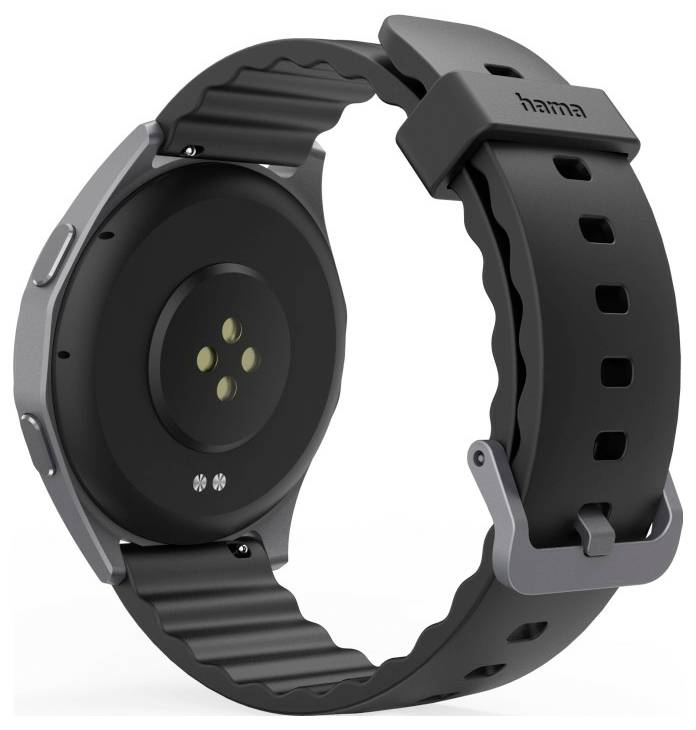 Eine schwarze Smartwatch mit einem flexiblen Armband und einer kreisförmigen, sensorbestückten Rückseite, die für Fitness- und Gesundheitstracking entwickelt wurde.