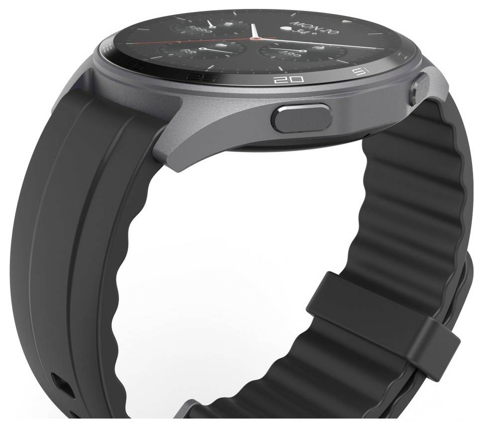 Eine Smartwatch mit einem eleganten schwarzen Armband und einer runden digitalen Anzeige, auf der mehrere App-Symbole auf dem Bildschirm zu sehen sind.