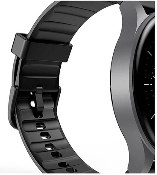 Eine Nahaufnahme einer schwarzen Smartwatch, die den Riemen und die Seite des kreisförmigen Zifferblatts zeigt. Der Riemen hat mehrere Befestigungslöcher.