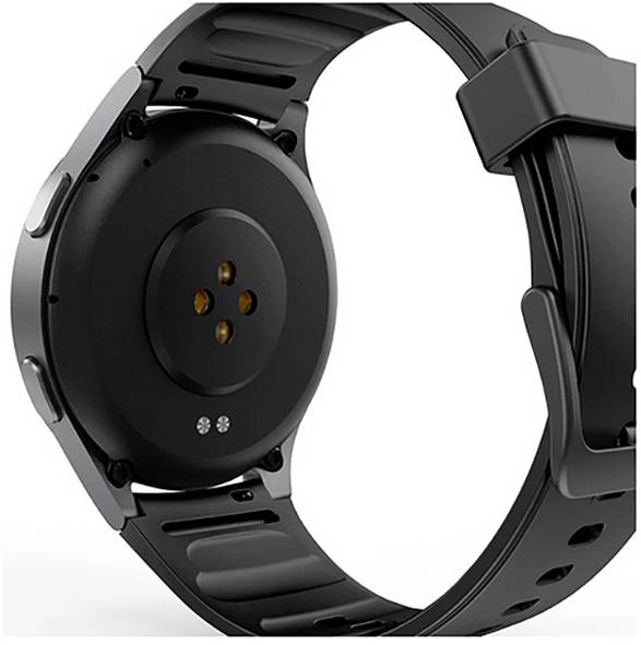 Eine schwarze Smartwatch, die die Rückansicht mit Sensoren zeigt, mit elegantem Design und einem Armband.