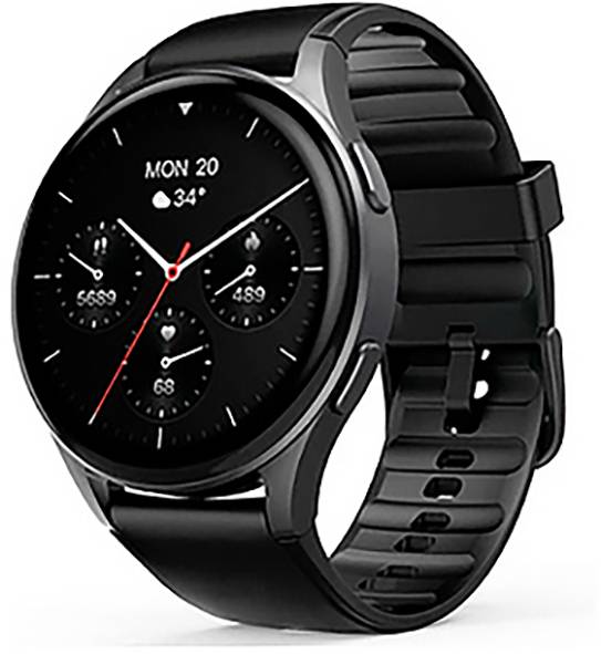 Eine schwarze Smartwatch mit einem runden Display, das Wetterinformationen ('Mon 20, 34°') und Fitnessdaten wie Schrittzahl, Herzfrequenz und verbrannte Kalorien anzeigt.