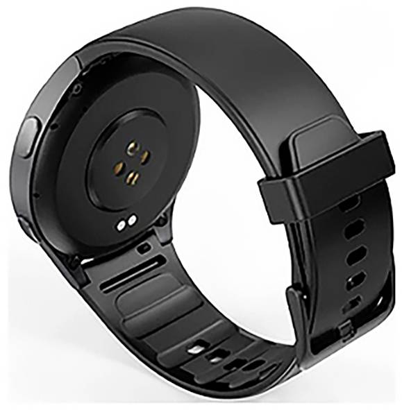 Eine schwarze Smartwatch mit einem Gummiarmband, von hinten gezeigt, mit sichtbaren Ladekontakten und Sensorbereich.