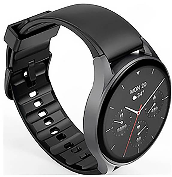 Eine schwarze Smartwatch, die die Uhrzeit und das Datum anzeigt, 'MON 20', mit einem Wettersymbol, das 34°F zeigt. Die Uhr hat ein rundes Zifferblatt und ein schwarzes Armband.