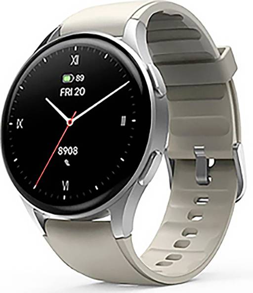 Eine silberne Smartwatch mit rundem Zifferblatt und beigem Armband, die die Uhrzeit als 8:08 und das Datum als 'FRI 20' anzeigt.