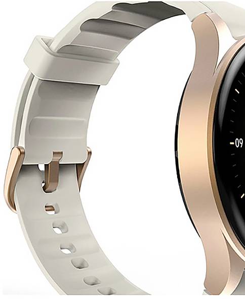 Eine Nahaufnahme einer Smartwatch mit Roségold-Gehäuse und einem hellgrauen, verstellbaren Silikonarmband, die ihre Designmerkmale hervorhebt.