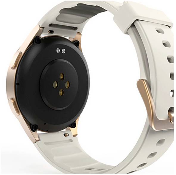 Eine Smartwatch mit rundem Zifferblatt und einem hellen, verstellbaren Armband. Die Rückseite zeigt Sensoren zur Gesundheitsüberwachung.