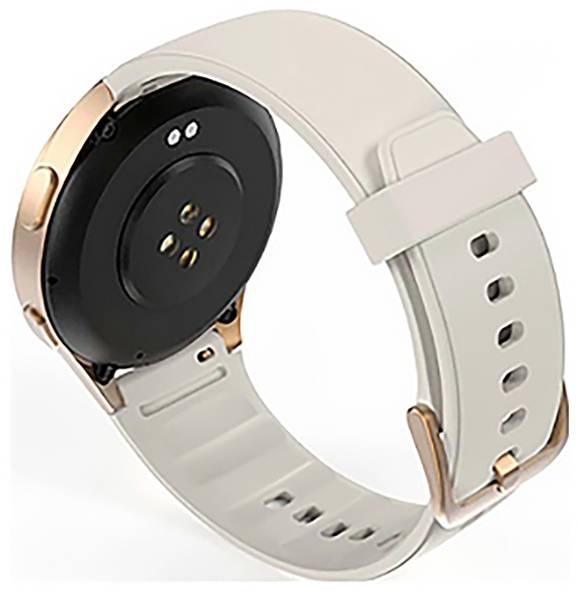 Eine Smartwatch mit rundem Zifferblatt, ausgestattet mit einem hellgefärbten Band und Roségold-Akzenten, aus der Seitenansicht präsentiert, wobei der Fokus auf der Rückseite liegt.