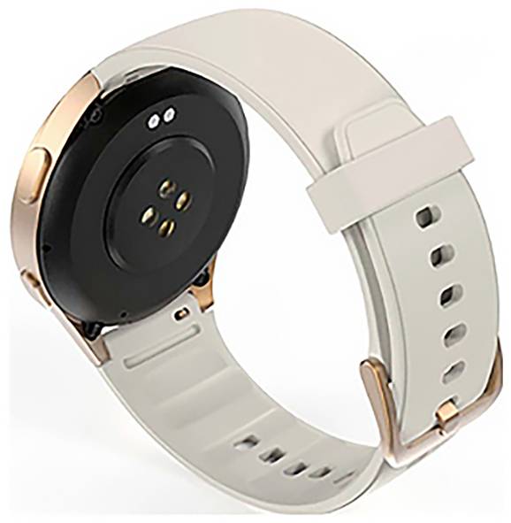 Eine beige Smartwatch mit einem matten Armband und goldenen Akzenten wird präsentiert, wobei die Rückseite mit Sensoren und mehreren Armbandhalterlöchern für eine verstellbare Passform zu sehen ist.