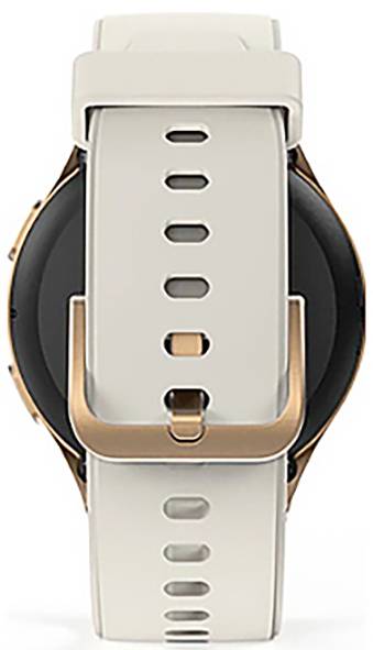 Eine weiße Smartwatch mit rundem Zifferblatt und goldenen Akzenten, von hinten betrachtet, wobei der verstellbare Armband und der Schnallenverschluss zu sehen sind.