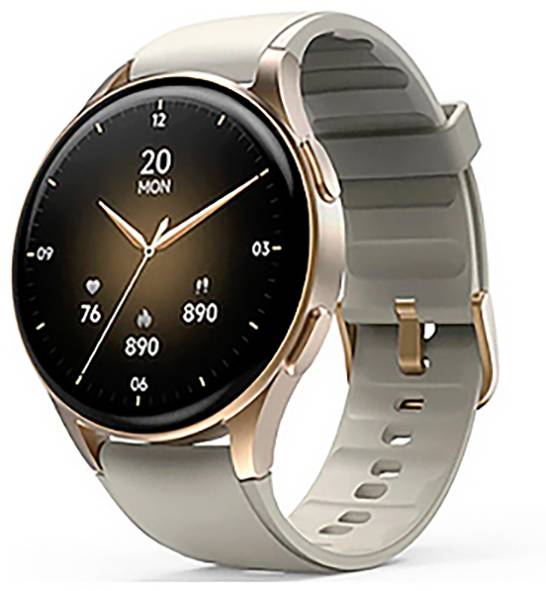 Eine runde, goldene Smartwatch mit einem beigen Armband zeigt Datum und Uhrzeit, Herzfrequenz und Schrittzahl in einer minimalistischen digitalen Oberfläche.