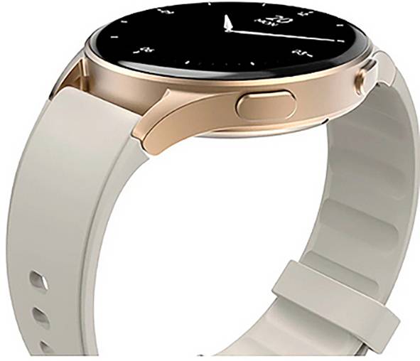 Eine runde Smartwatch mit goldfarbenem Gehäuse und einem beigen Armband, auf deren Bildschirm ein analoges Zifferblatt angezeigt wird.