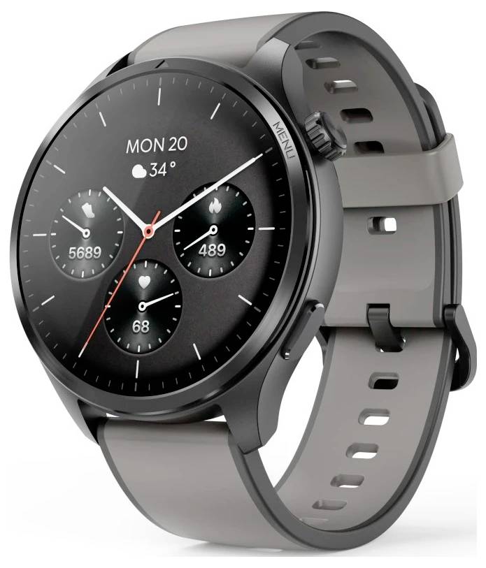 Eine elegante schwarze Smartwatch mit rundem Gehäuse, auf deren Display das Datum, die Temperatur und Aktivitätsmetriken wie Schritte und Herzfrequenz angezeigt werden.