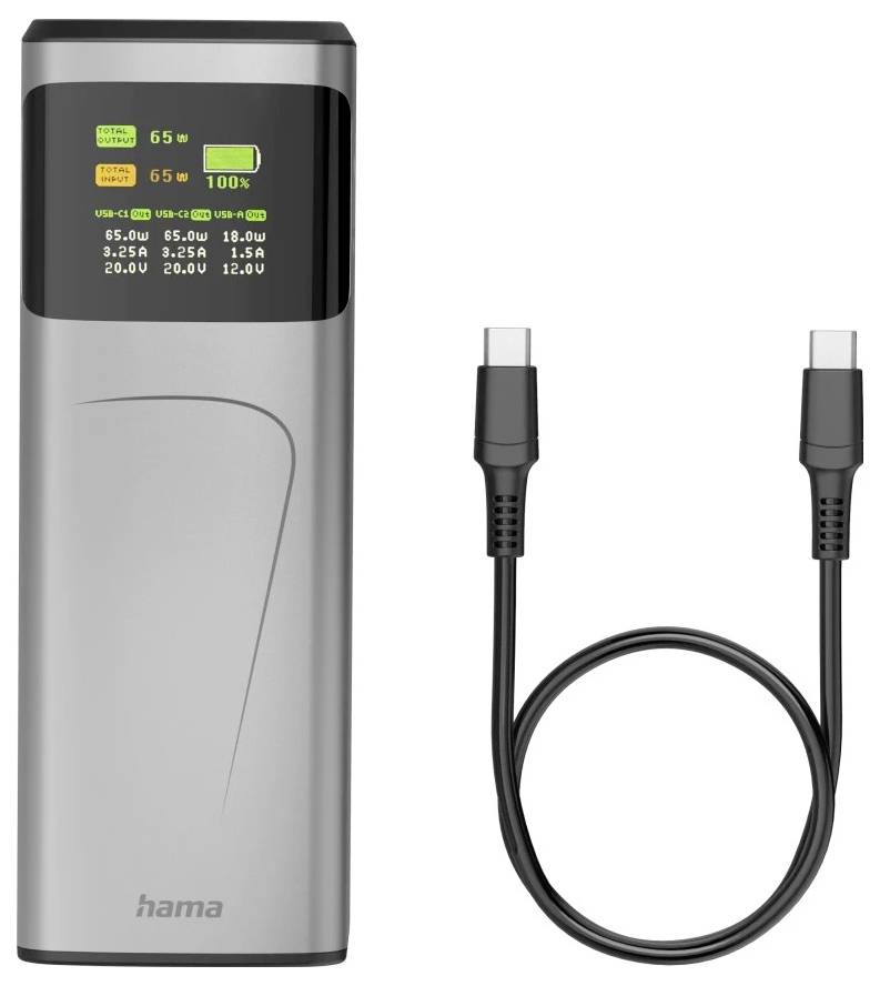 Powerbank mit Display zur Anzeige des Ladestatus und der Leistungsausgabe zusammen mit einem USB-C-Kabel.